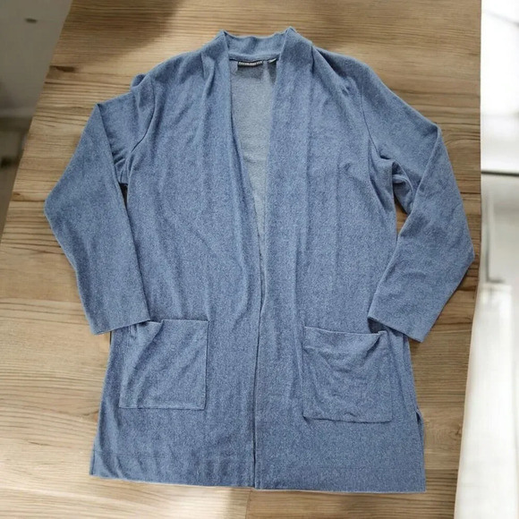 Susan Graver Weekend Regular Jersey Knit Relaxed Cardigan Denim Blue Size M - Picture 1 of 8